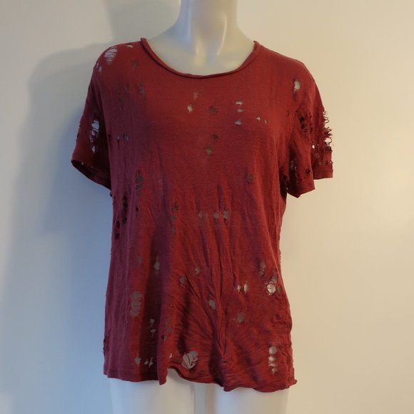 Womens IRO 100% Linen Cranberry Red Perforated T-Shirt 0/XS * - Picture 2 of 5